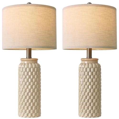 24" Modern Ceramic Bedside Lamp Set of 2 for Bedroom Decor Farmhouse Table Lamp for Living Room Office Dorm Cream (2 Count)