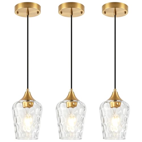 Hammered Glass Pendant Lights Brushed Gold Kitchen Lighting Over Island (3 Count)
