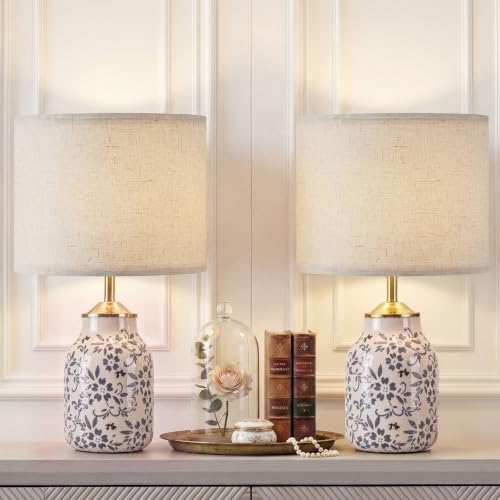 Set of 2 21" Chinoiserie Ceramic Lamps with Beige Linen Shades (2 Count)
