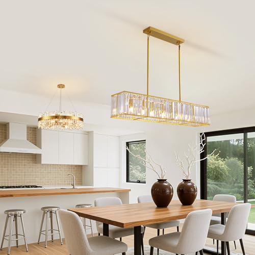 Modern Gold Rectangular Crystal Chandelier for Dining Room L47''