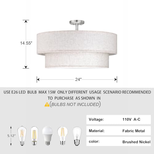 2 Tier 24" Cream Drum Fabric 5 Light Brushed Nickel Semi Flush Mount Ceiling Light for Living Room Dining Room Bedroom Hallway