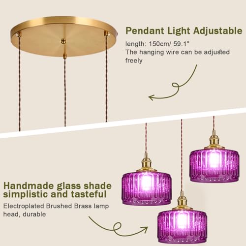 3 Light Glass Globe Chandelier Kitchen Island Mid Century Modern Ceiling Pendant Light Purple Striped Shade Gold Hanging Lights Fixture Multi Light Cluster Chandeliers Dining Room