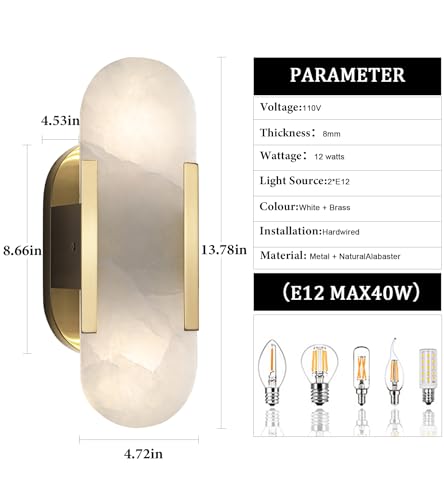 Alabaster Wall Sconces Set of Two Brass Wall Lights for Vanity (2 Count)