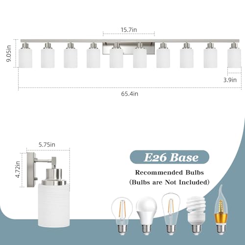 10 Light Bathroom Vanity Light Brushed Nickel 64.5in Vanity Lights