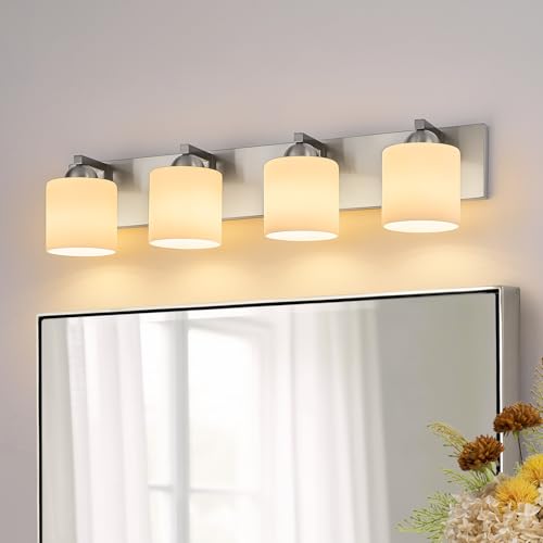 4 Light Brushed Nickel Bathroom Vanity Light with White Glass Shades