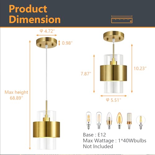Modern Gold Pendant Lighting Indoor Kitchen Island Pendant Light Glass Shade Ceiling Light Fixtures for Bedroom Dining Room Living Room (3 Count)