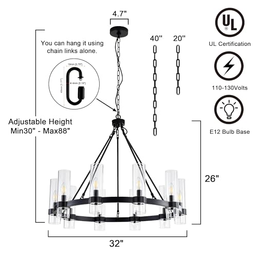 32 Inch Black Wagon Wheel Chandelier 10 Lights with Glass Shade