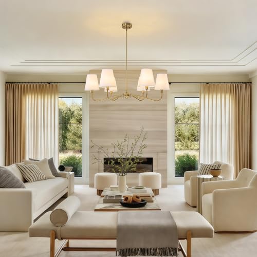 Brass Gold Chandeliers for Dining Room 6 Light Chandelier with Fabric Shade