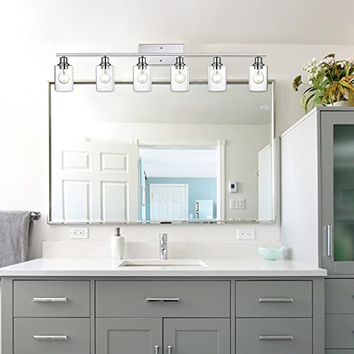 6 Lights Bathroom Vanity Light in Chrome Finish with Clear Cylinder Glass Shade Industrial Wall Light Fixtures Over Mirror for Dressing Table Bedroom