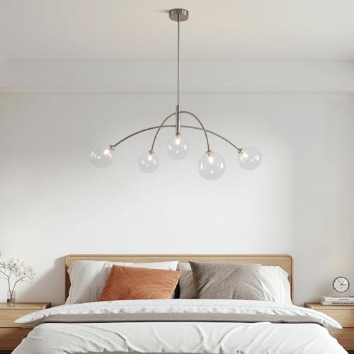 Mid Century Modern Sputnik Chandelier Adjustable 5 Light Clear Glass Silver Ceiling Chandelier for Dining Room Kitchen Bedroom