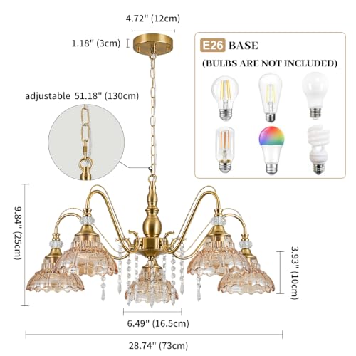 5 Light Vintage Chandelier in Brushed Gold Finish with Amber Flower (5-Light / Gold and Amber)