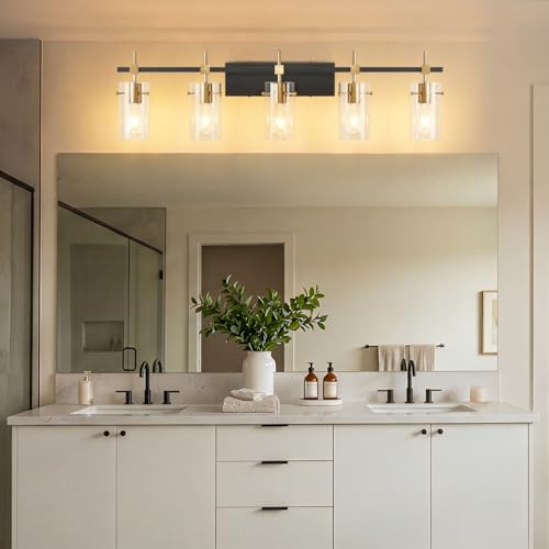 40.1 inch Vintage Brass Bathroom Vanity Light fixtures Bathroom Wall Lights Over Mirror with Glass Shade 5 Light