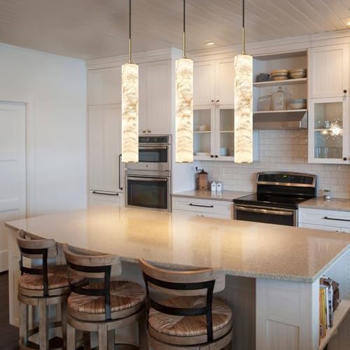 Natural Alabaster Pendant Lights for Kitchen Island White Marble Long Tube Chandelier 4000K Modern Gold Ceiling Light Fixtures for Bedroom Dining Room Table Living Room Hallway (3 Count)