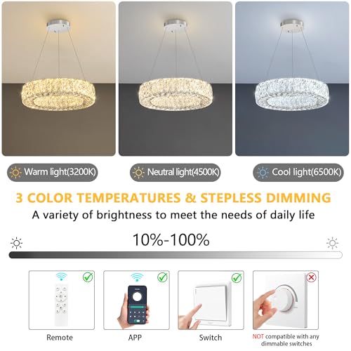 16 Inch Chandelier Glam Dimmable LED Crystal Chandeliers Luxury Round Pendant Lighting Fixtures for Dining Room Bedrooms Silver