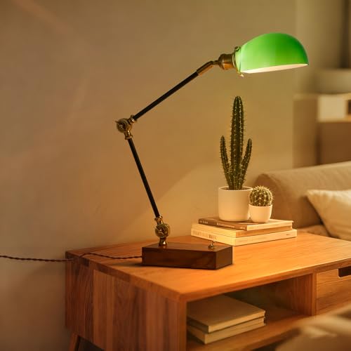 Adjustable Swing Arm Vintage Desk Lamp Modern Style Green Glass Solid Wood