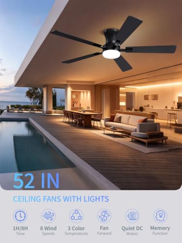 52 Inch Black Low Profile Ceiling Fan with Light and Remote (Black / 52 Inch)