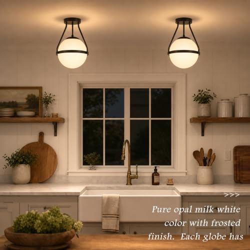 10" Mid Century Ceiling Light Modern Semi Flush Mount Ceiling Light Fixture Globe Ceiling Light Fixture with Milk Glass Shade Matte Black Finish for Kitchen Island Hallway Foyer