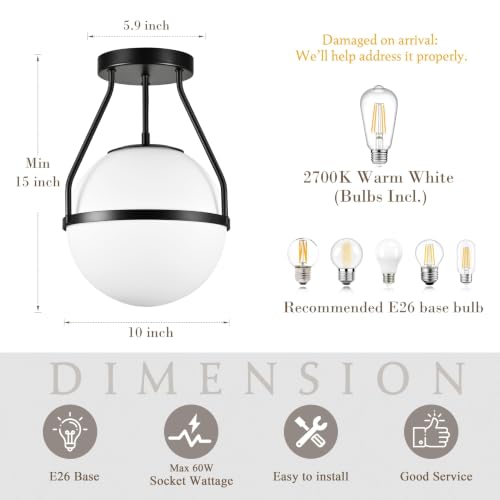 10" Mid Century Ceiling Light Modern Semi Flush Mount Ceiling Light Fixture Globe Ceiling Light Fixture with Milk Glass Shade Matte Black Finish for Kitchen Island Hallway Foyer