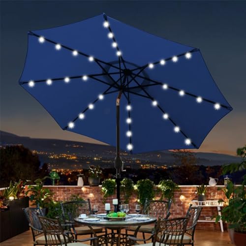 9 ft Solar Umbrella 32 LED Lighted Patio Umbrella Table Market Umbrella with Tilt and Crank Outdoor Umbrella for Garden