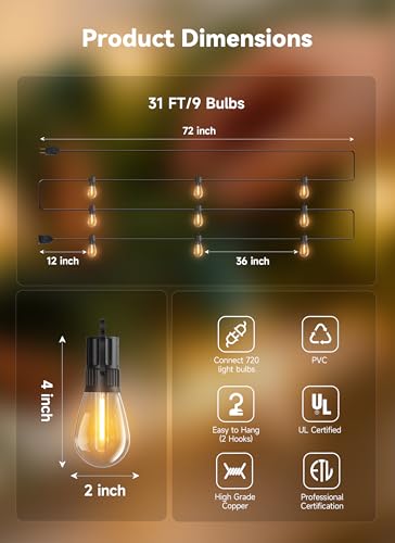 31FT Outdoor String LED Patio Lights Waterproof