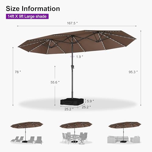 Patio Umbrella 14ft with Base and Solar Lights Outdoor