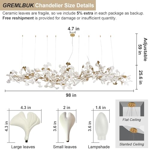 L98 Long Branch Chandelier Ginkgo Leaf Chandeliers Large Modern Brass Chandelier Light Fixtures for Dining Room