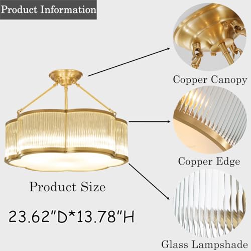 24 in Large Semi Flush Brass Chandelier for Living Room Bedroom