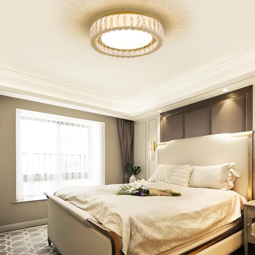 15 Inch Gold Dimmable Crystal LED Flush Mount Ceiling Light
