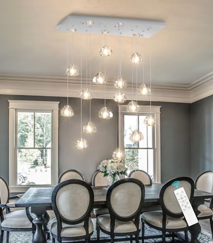 Crystal Rectangular LED Chandelier for Living Dining Room Light Dimmable High Ceiling Pendant Lights Fixtures Lighting Chandeliers for Foyer Entryway Lighting Polished Chrome
