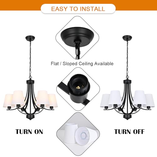 Farmhouse Chandeliers 6 Light Black Contemporary Pendant Lighting Rustic Dining Room Lighting Fixtures Hanging with White Fabric Shade