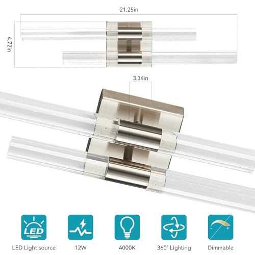 Crystal Wall Sconces Set of Two LED Wall Sconce Hardwired Brushed Nickel Bathroom Vanity Light Fixtures 21.25in 4000K Vertical and Horizontal Wall Mounted Sconces for Bedroom Living Room (2 Count)