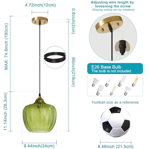 Green Glass Pendant Lights Kitchen Island Gold Hanging Ceiling Light 9.45"