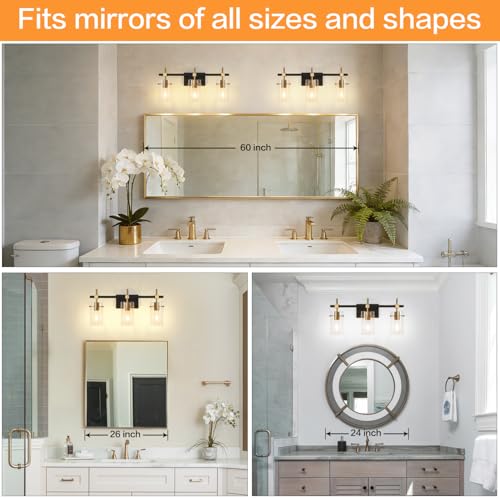 Vintage Vanity Lights Bathroom Light Fixture Over Mirror for Bath Glass Shade Light Black and Brass Modern Style 3 Lights