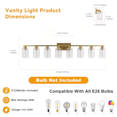 8 Light Bathroom Vanity Light Gold Bathroom Light Fixtures Brass Vanity Lights for Bathrrom 46 in Large Wall Sconce Brush Gold with Clear Glass Shade for Over Mirror