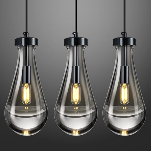 Raindrop Pendant Lights Kitchen Island Teardrop PlatingBlack Hanging Light Fixtures Clear Solid Glass Pendant Light Modern Chandeliers for Dining Room Porch Corridor Living Room (3 Count)