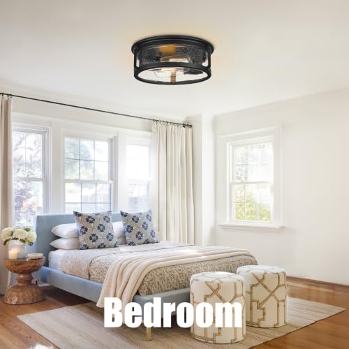 Farmhouse Black Flush Mount Ceiling Light Fixtures with Seeded Glass (Black)