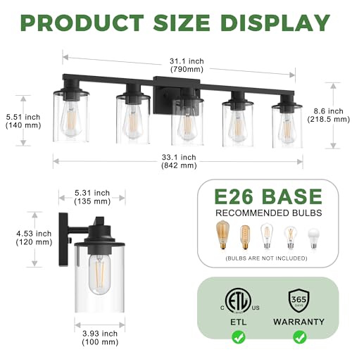 5 Light Black Bathroom Vanity Light Fixture ETL Listed
