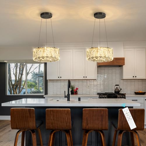 Modern Crystal Chandelier for Dining Room Dimmable LED Pendant Ceiling Light Fixtures with Remote for Entrance Bedroom Kitchen Island Black