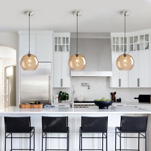 Light Brown Glass Pendant Lights Kitchen Island Globe Pendant Light Fixtures Modern Pendant Lighting for Bedroom Living Dining Room Light Fixture
