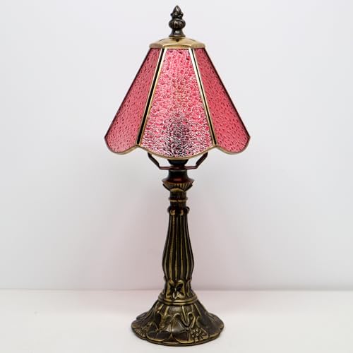 Small Tiffany Table Lamp Pink Diamond Style Stained Glass Desk Lamps 6X6X14 Inch Bronze Resin Base Antique Mini Accent Light