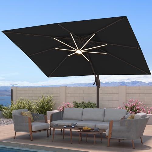 10x13FT Patio Cantilever Outdoor Offset Umbrella with LED Lights