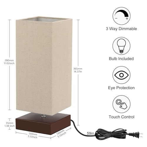 Touch Control Table Lamp Bedside 3 Way Dimmable Touch Desk Lamp Modern Nightstand Lamp with Square Fabric Lamp Shade Simple Night Light for Bedroom Living Room Office