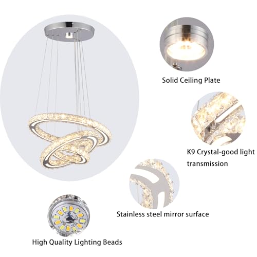 3 Ring Dimmable LED Crystal Chandelier 47W with Remote