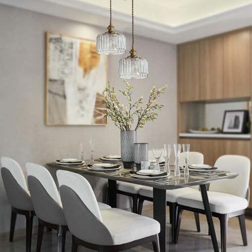 Glass Hanging Lights Kitchen Island Brushed Gold Ceiling Pendant Light Clear Round Light Fixture Striped Glass Shade Vintage Modern Pendant Lighting Chandelier Farmhouse Dining Room