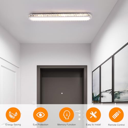 Dimmable LED Ceiling Light 39.4'' Kitchen Lighting Fixtures Ceiling Modern Luxury Crystal Ceiling Light with Remote Chrome Long Ceiling Light Fixture for Kitchen Dining Room Hallway