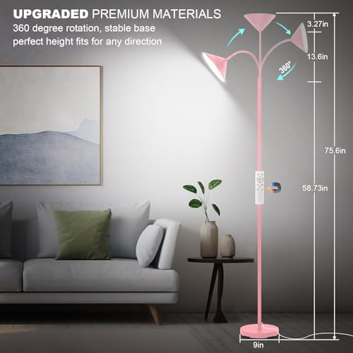 Floor Lamp 18W Upgraded Bright LED Floor Lamps for Living Room Bedroom with Gooseneck Stepless Dimming & Color 76inch Tall Standing Lamp with Remote & Touch Control Work with Smart Plug (Pink-76inch)