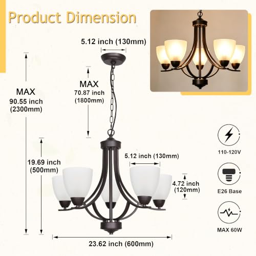 5 Light Shaded Contemporary Chandeliers with Alabaster Glass Oil Rubbed Bronze Modern Light Fixtures Ceiling Hanging Rustic Pendant Lighting for Dining Room Foyer Bedroom Living Room