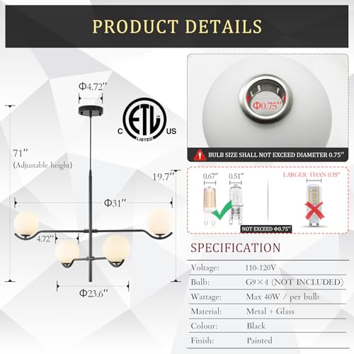 Modern 31" 4 Light Black Sputnik Chandelier with Milk Glass Globe (4 Count)