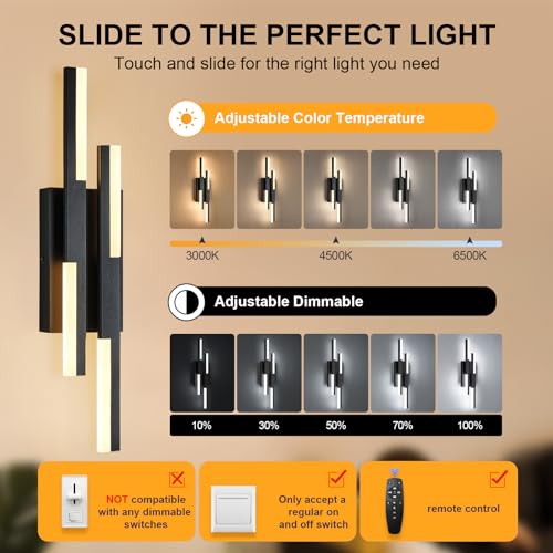 Modern LED Wall Sconce Black Remote Wall Light Fixtures for Bathroom