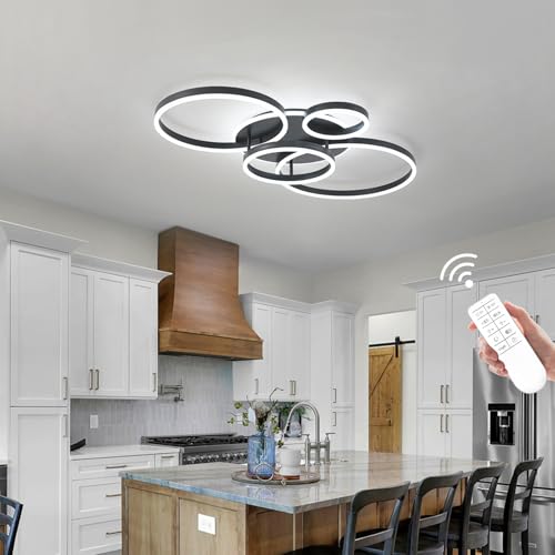 Flush Mount Modern Ceiling Light Black Led Modern Light Fixtures Ceiling Mount Lights 4 Rings Led Chandelier Lamp Fixture with Remote for Living Room Kitchen Dining Room Bedroom
